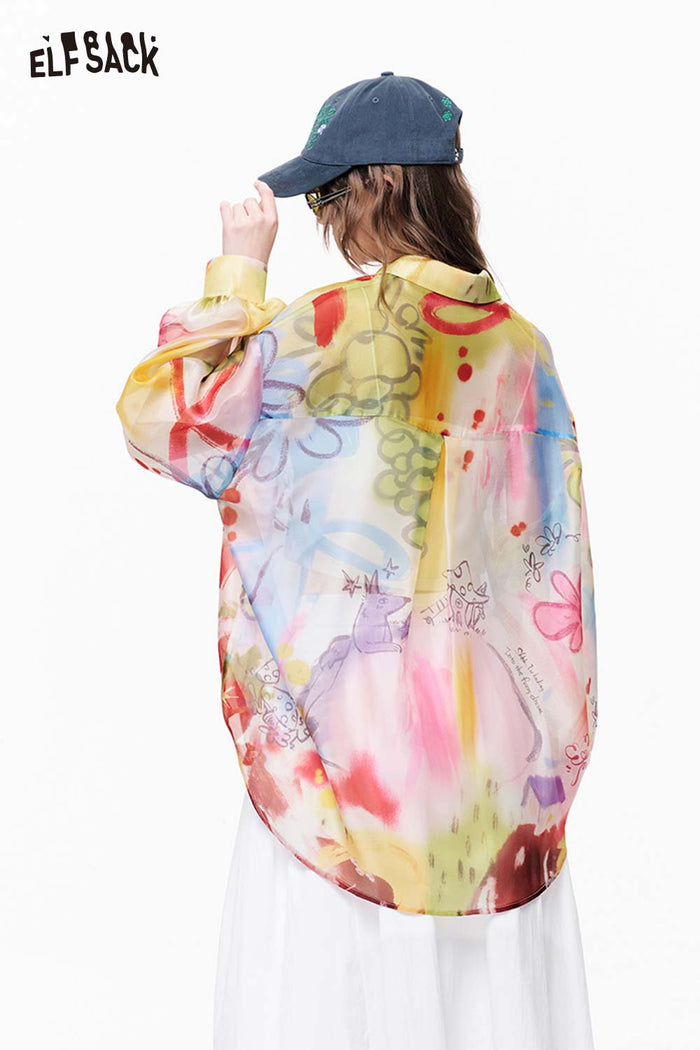 ELFSACK Watercolor Print Sheer Button Shirt