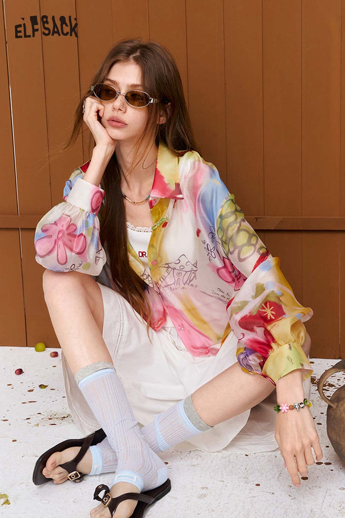 ELFSACK Watercolor Print Sheer Button Shirt