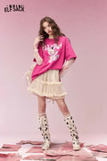 ELFSACK Whimsical Bear Print Rose Red Round Neck Tshirt
