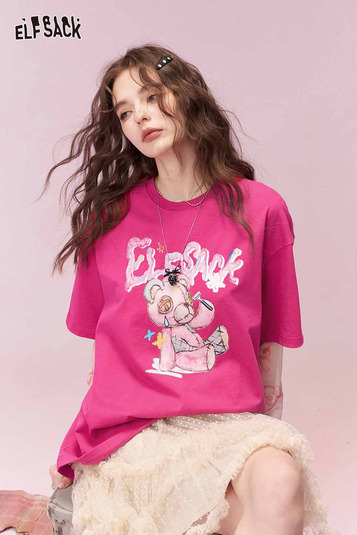 ELFSACK Whimsical Bear Print Rose Red Round Neck Tshirt
