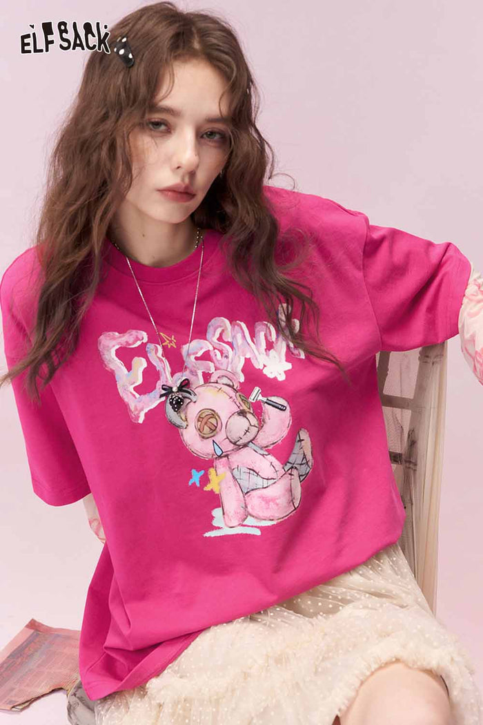 ELFSACK Whimsical Bear Print Rose Red Round Neck Tshirt
