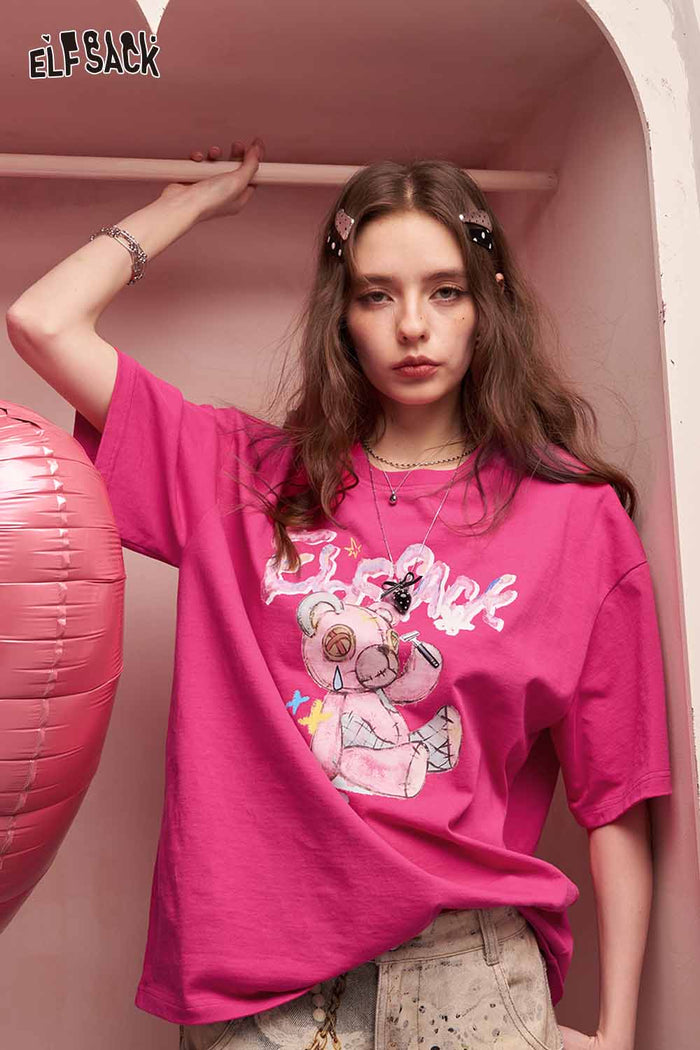 ELFSACK Whimsical Bear Print Rose Red Round Neck Tshirt