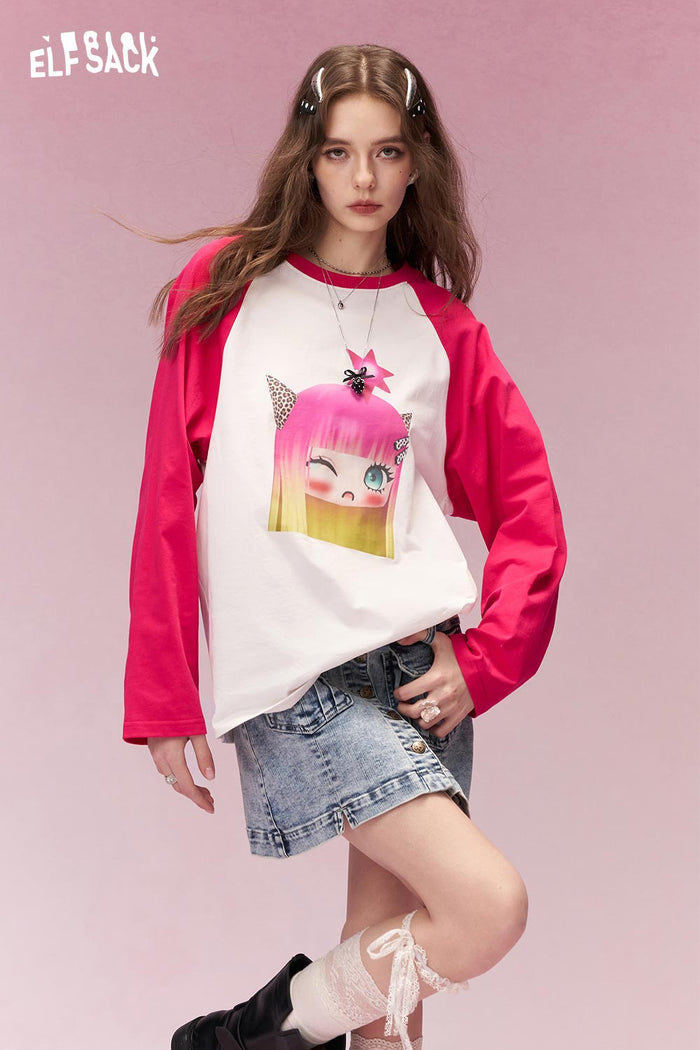 ELFSACK Whimsical Cartoon Doll Print Hot Pink Raglan Tshirt