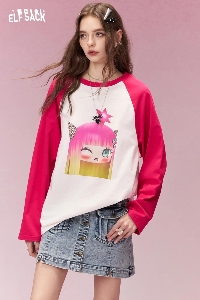 ELFSACK Whimsical Cartoon Doll Print Hot Pink Raglan Tshirt