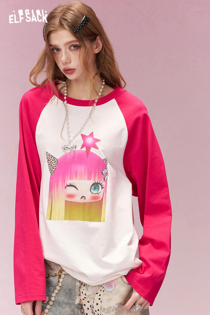 ELFSACK Whimsical Cartoon Doll Print Hot Pink Raglan Tshirt