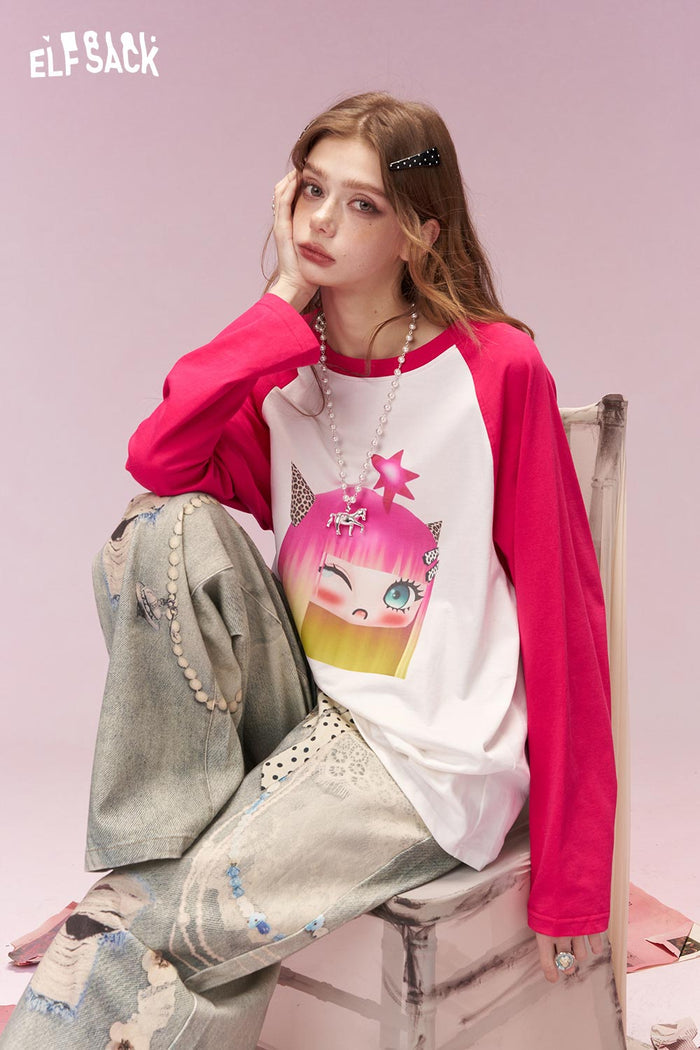 ELFSACK Whimsical Cartoon Doll Print Hot Pink Raglan Tshirt