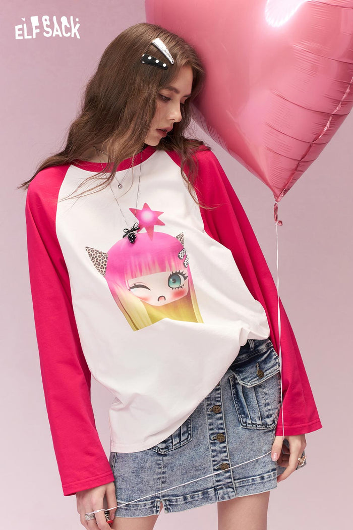 ELFSACK Whimsical Cartoon Doll Print Hot Pink Raglan Tshirt