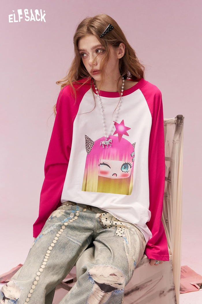 ELFSACK Whimsical Cartoon Doll Print Hot Pink Raglan Tshirt
