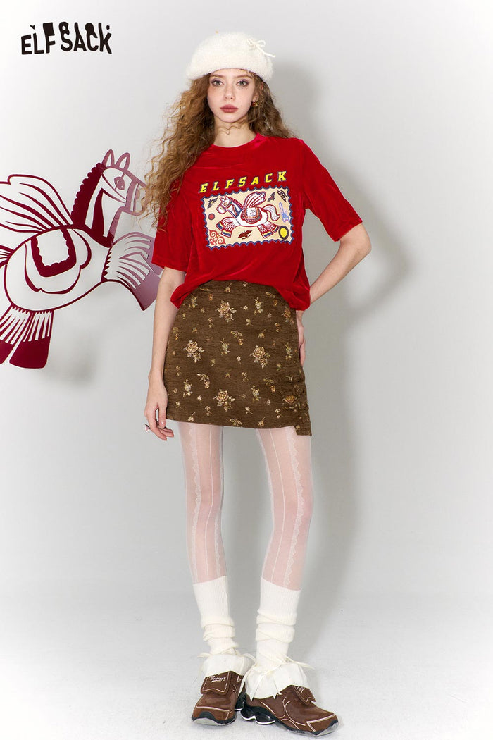 ELFSACK Whimsical Flying Horse Cloud Pattern Print Short Sleeve T-Shirt
