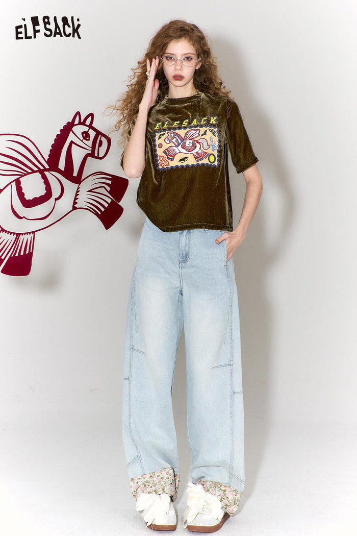 ELFSACK Whimsical Flying Horse Cloud Pattern Print Short Sleeve T-Shirt