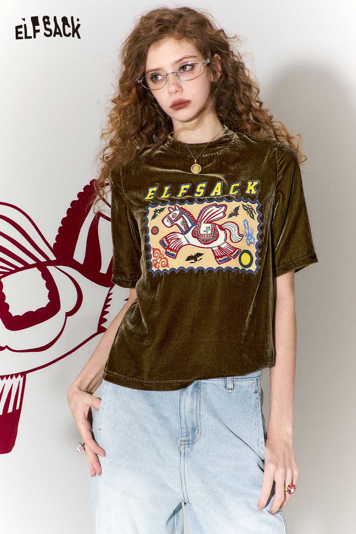 ELFSACK Whimsical Flying Horse Cloud Pattern Print Short Sleeve T-Shirt