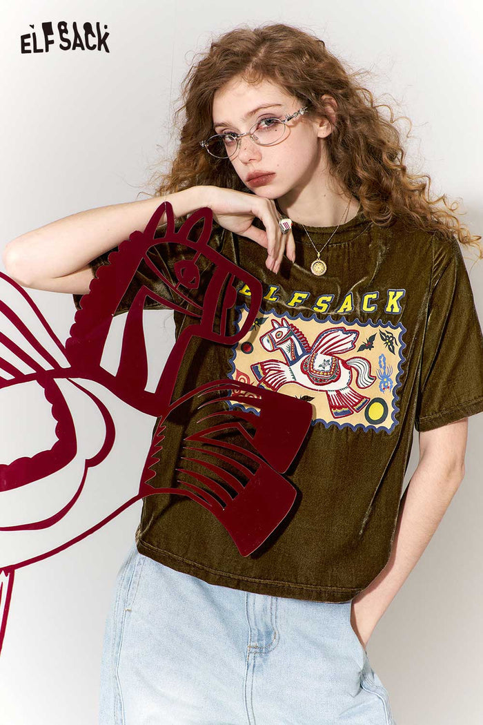 ELFSACK Whimsical Flying Horse Cloud Pattern Print Short Sleeve T-Shirt