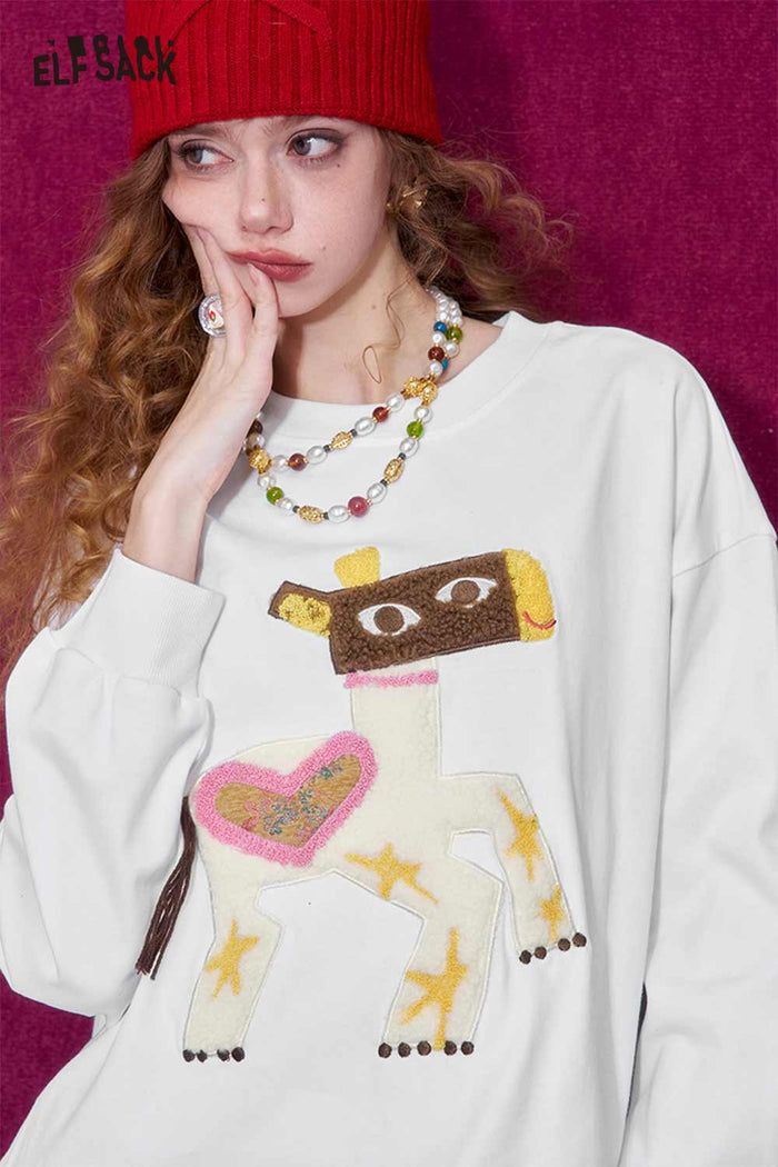 ELFSACK Whimsical Pony Relaxed Fit Round Neck Long Sleeve Sweatshirt