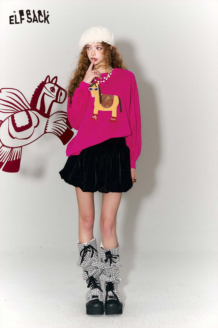 ELFSACK Whimsical Pony Relaxed Fit Round Neck Long Sleeve Sweatshirt