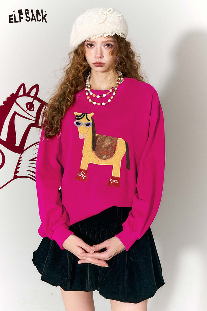 ELFSACK Whimsical Pony Relaxed Fit Round Neck Long Sleeve Sweatshirt