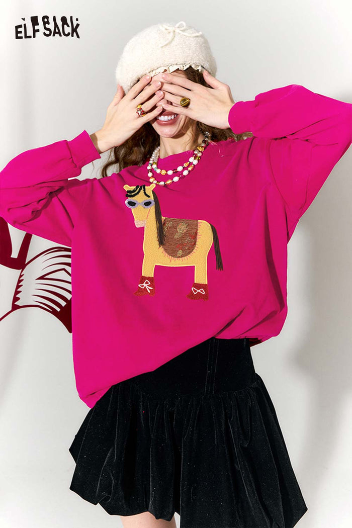 ELFSACK Whimsical Pony Relaxed Fit Round Neck Long Sleeve Sweatshirt