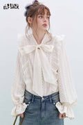 ELFSACK White Bow Ruffle Lace Blouse