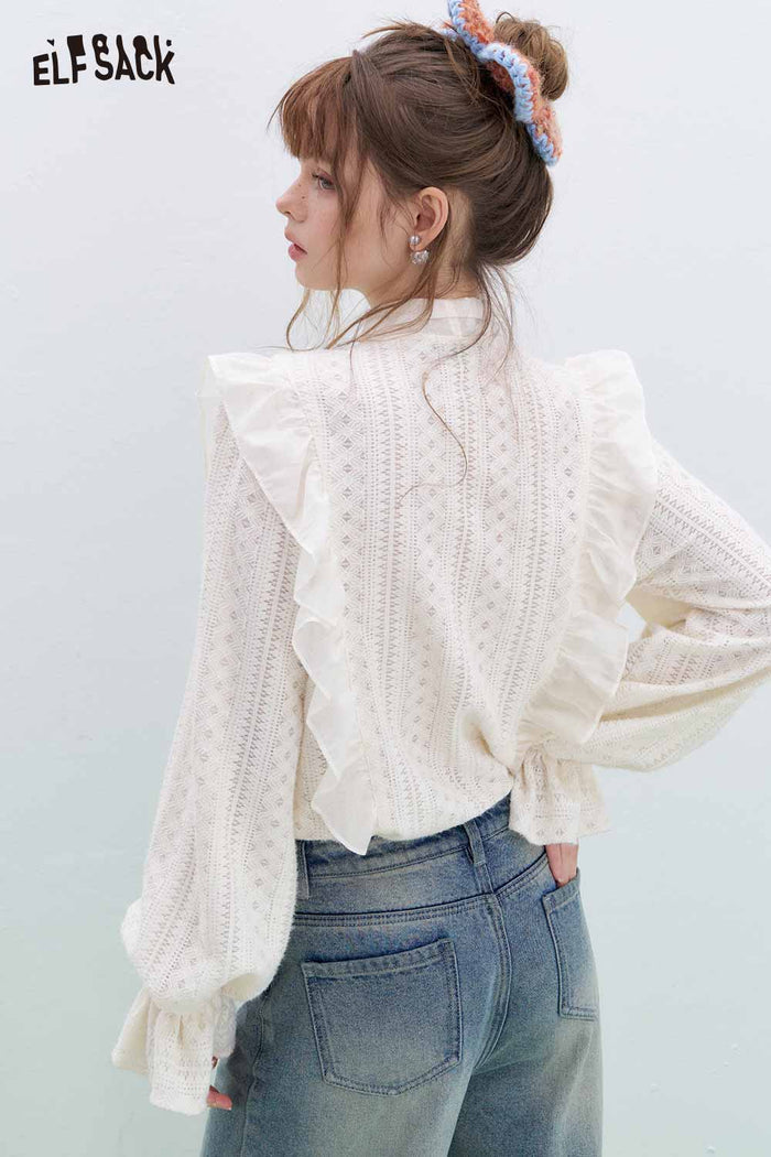 ELFSACK White Bow Ruffle Lace Blouse