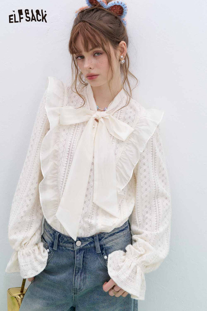 ELFSACK White Bow Ruffle Lace Blouse
