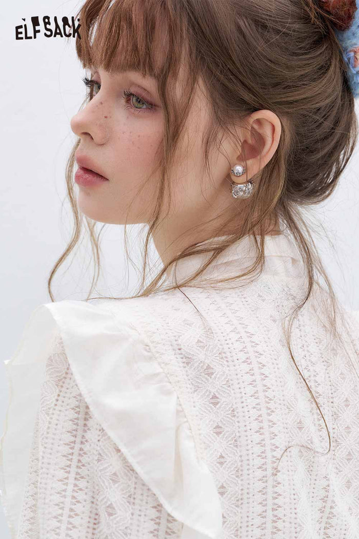 ELFSACK White Bow Ruffle Lace Blouse