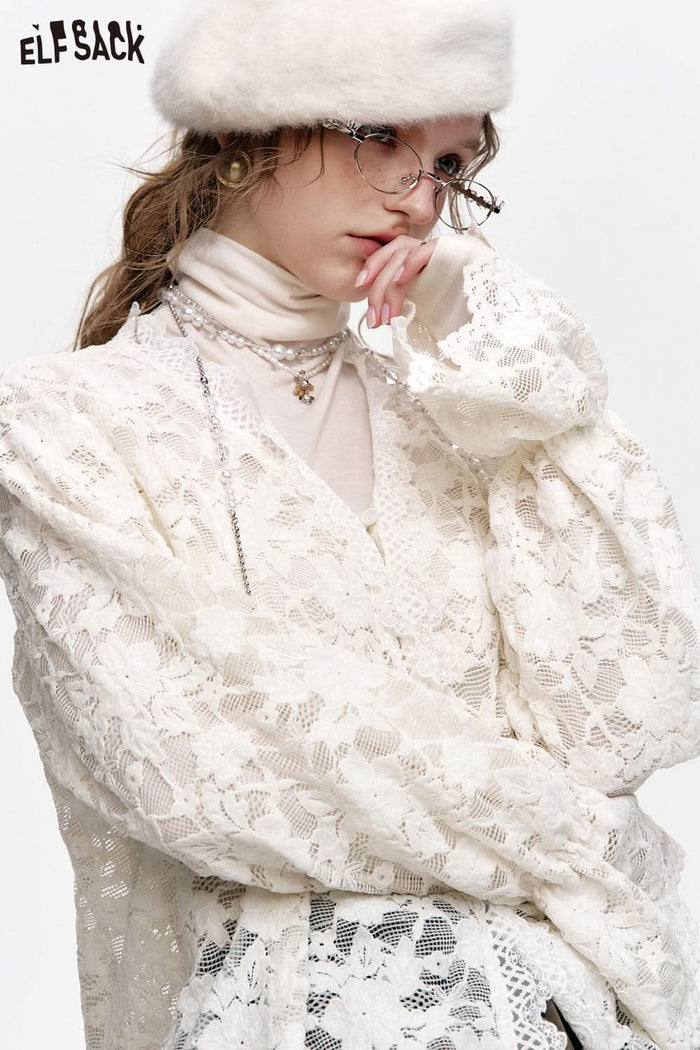 ELFSACK White Lace Semi Transparent Chiffon Shirt Layered Top Full Size Plus Size