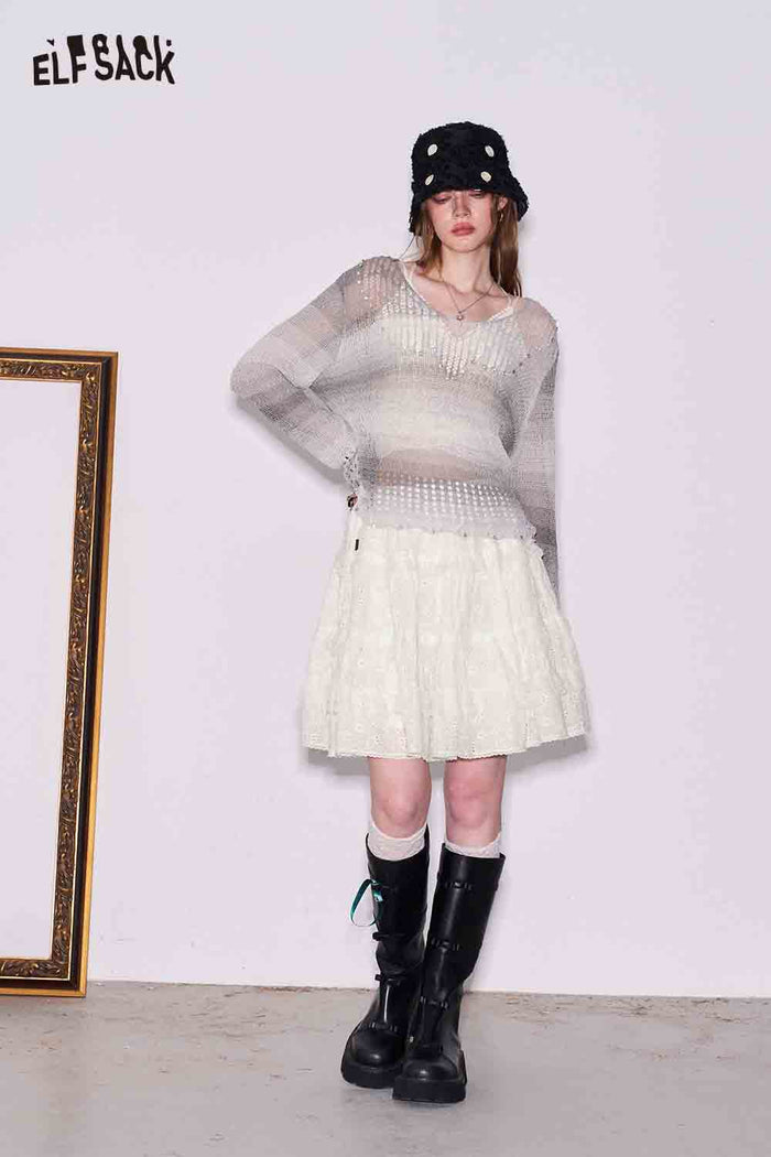 ELFSACK White Lace Tiered Mini Skirt