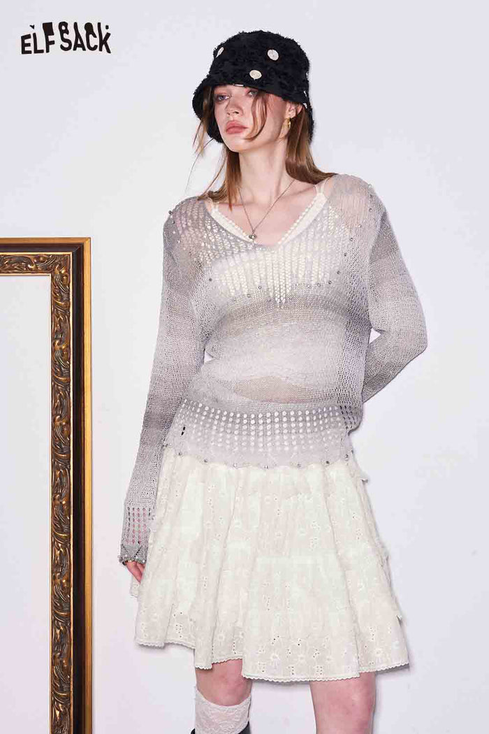 ELFSACK White Lace Tiered Mini Skirt