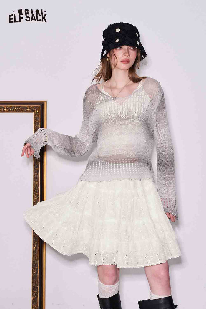 ELFSACK White Lace Tiered Mini Skirt