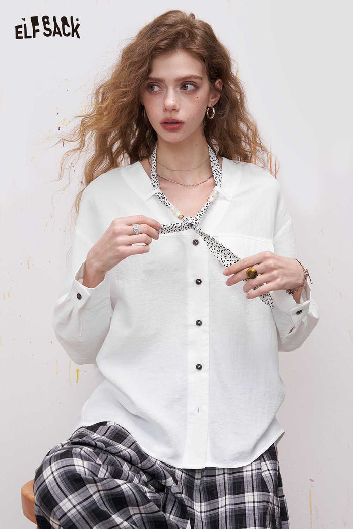 ELFSACK White Textured Shirt with Leopard Print Tie