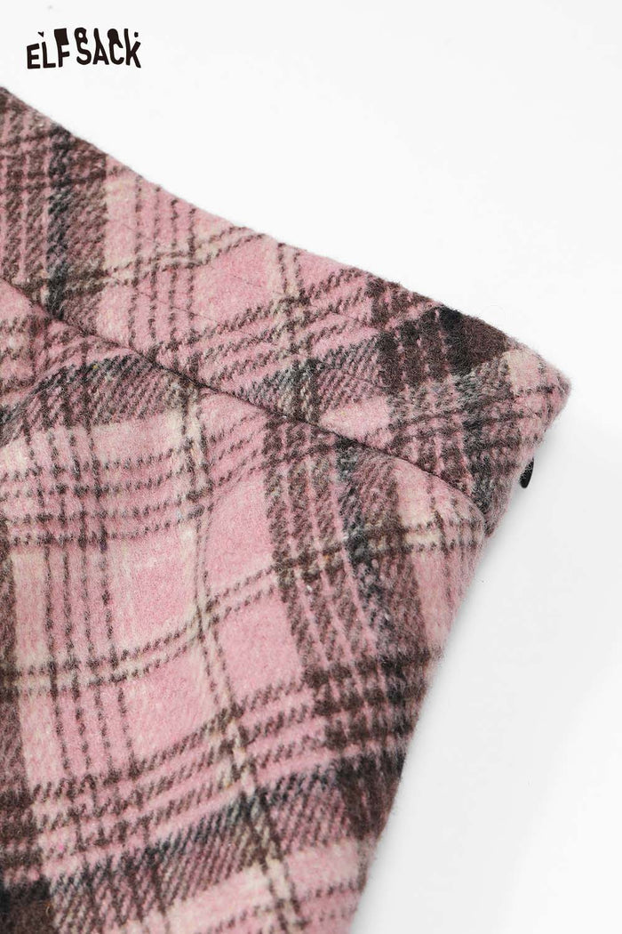 ELFSACK Wool Blend Fabric Contrast Plaid Pattern A-Line Midi Skirt