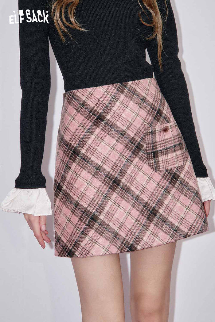 ELFSACK Wool Blend Fabric Contrast Plaid Pattern A-Line Midi Skirt