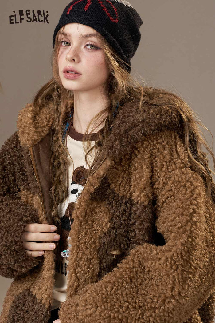 ELFSACK Wool Blend Faux Shearling Lining Color Block Design Hooded Coat
