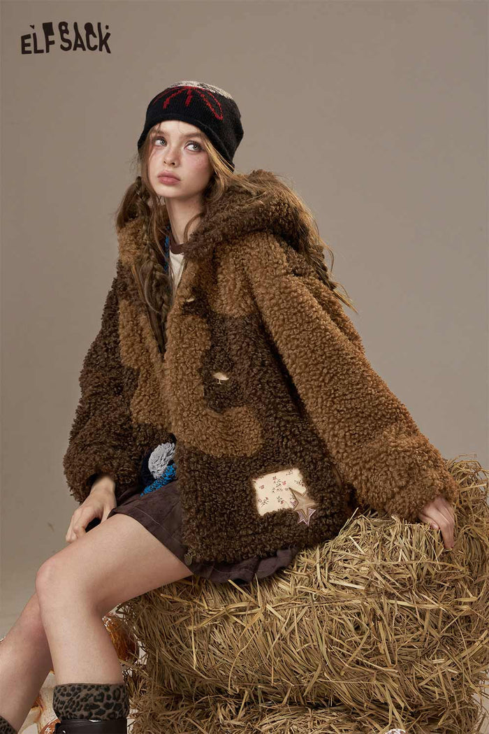 ELFSACK Wool Blend Faux Shearling Lining Color Block Design Hooded Coat
