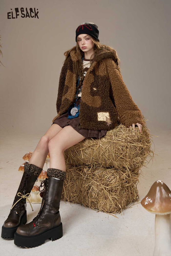 ELFSACK Wool Blend Faux Shearling Lining Color Block Design Hooded Coat