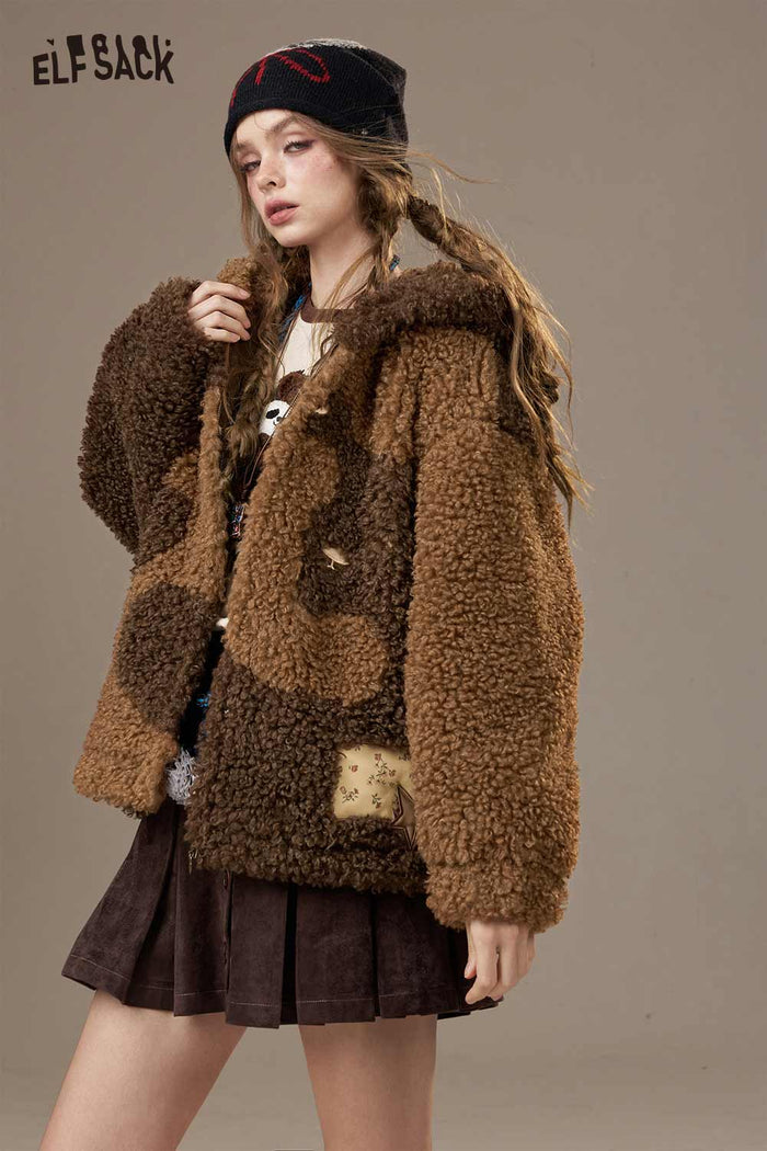 ELFSACK Wool Blend Faux Shearling Lining Color Block Design Hooded Coat