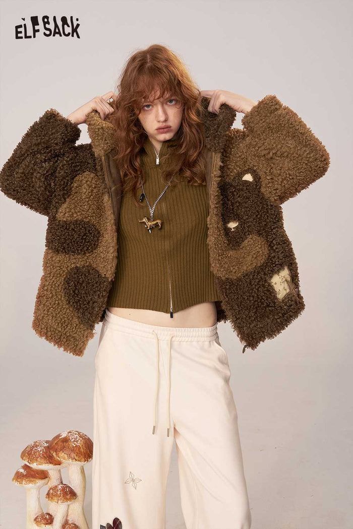 ELFSACK Wool Blend Faux Shearling Lining Color Block Design Hooded Coat