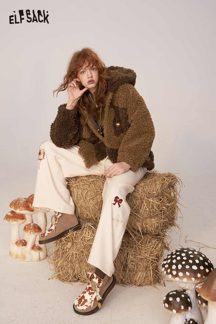 ELFSACK Wool Blend Faux Shearling Lining Color Block Design Hooded Coat