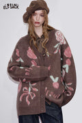 ELFSACK Wool Blend Oversized Contrast Rose Graphic Knit Open Front Cardigan