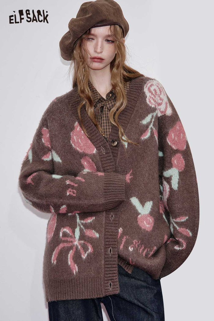 ELFSACK Wool Blend Oversized Contrast Rose Graphic Knit Open Front Cardigan