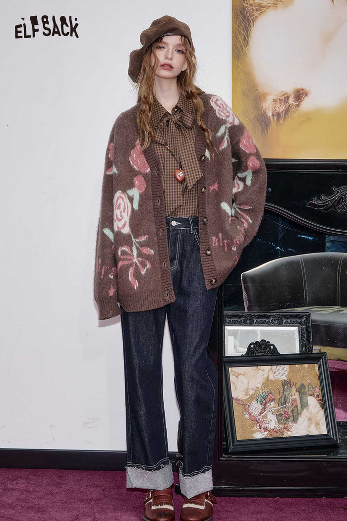 ELFSACK Wool Blend Oversized Contrast Rose Graphic Knit Open Front Cardigan