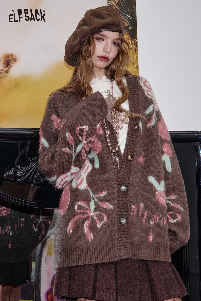 ELFSACK Wool Blend Oversized Contrast Rose Graphic Knit Open Front Cardigan