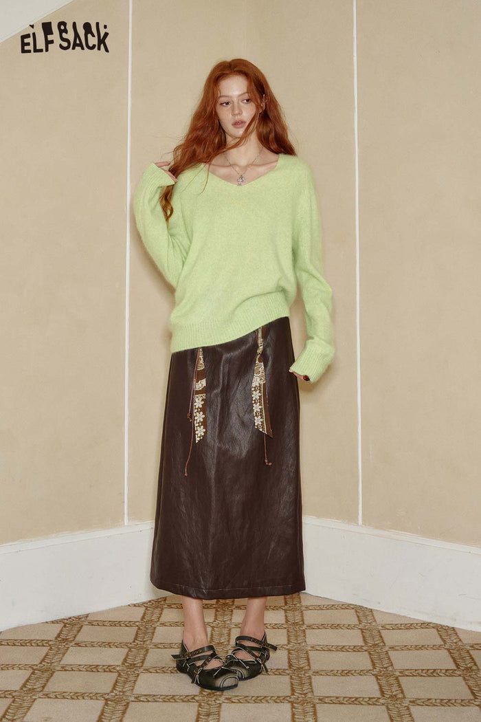 ELFSACK Wool Blend Oversized Crewneck Sweater Minimalist Design Relaxed Fit