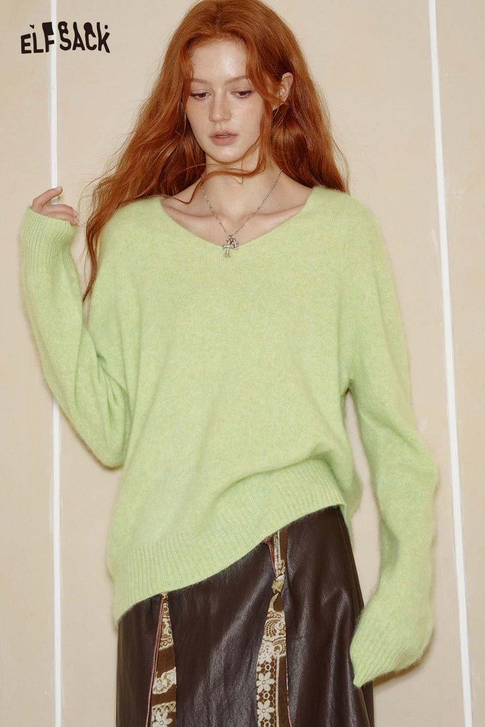ELFSACK Wool Blend Oversized Crewneck Sweater Minimalist Design Relaxed Fit