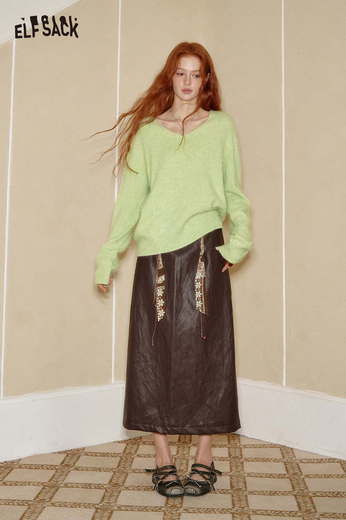 ELFSACK Wool Blend Oversized Crewneck Sweater Minimalist Design Relaxed Fit