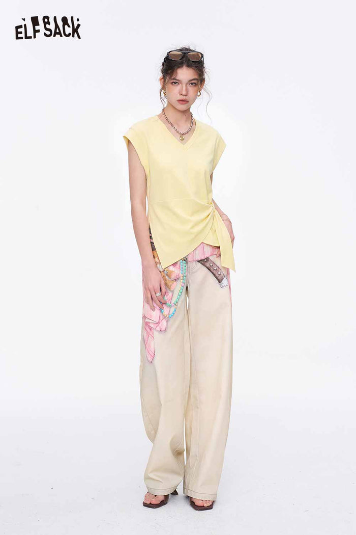 ELFSACK Wrap V-Neck Side Knot Cap Sleeve Tee