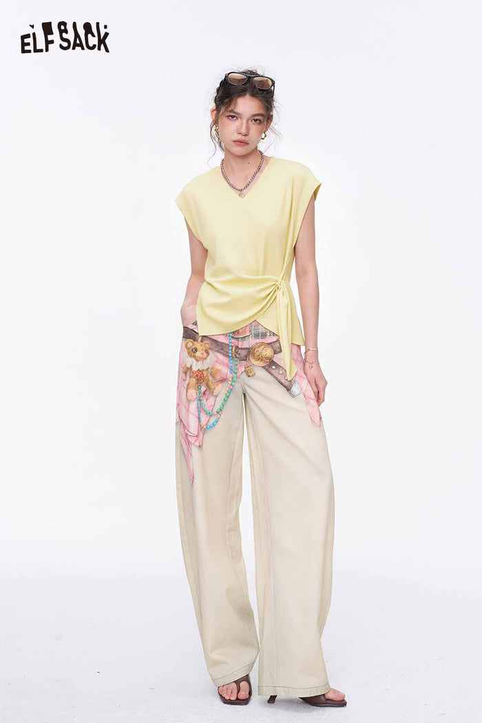 ELFSACK Wrap V-Neck Side Knot Cap Sleeve Tee