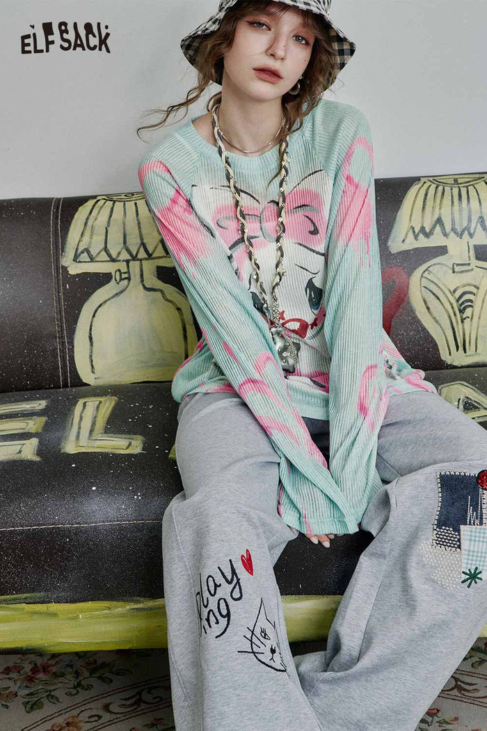 ELFSACK Y2K Graphic Knit Sweater with Cartoon Bow Print