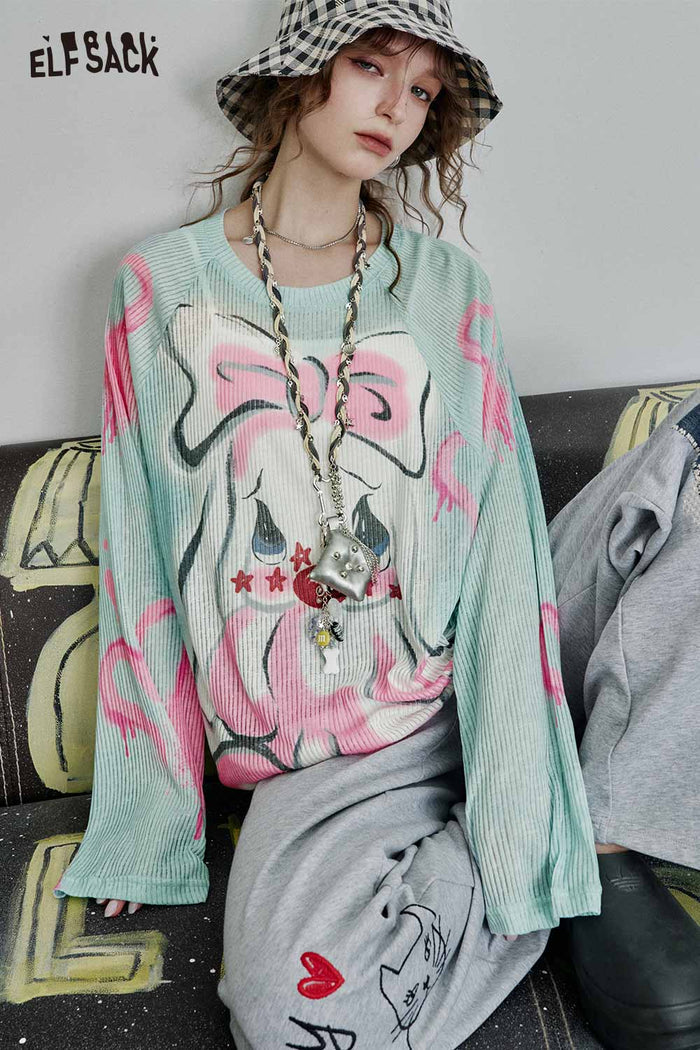 ELFSACK Y2K Graphic Knit Sweater with Cartoon Bow Print
