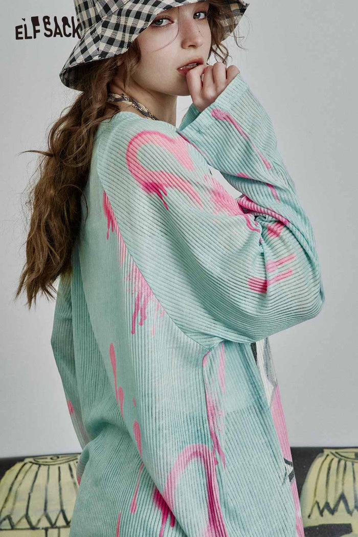 ELFSACK Y2K Graphic Knit Sweater with Cartoon Bow Print