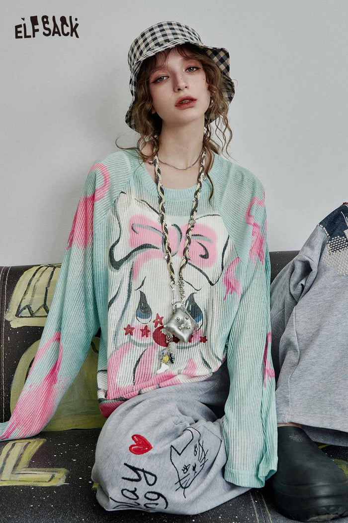 ELFSACK Y2K Graphic Knit Sweater with Cartoon Bow Print